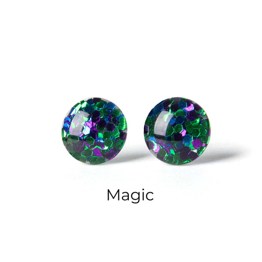Color Dot Stud Earrings in Blue, Green, and Purple Glitter