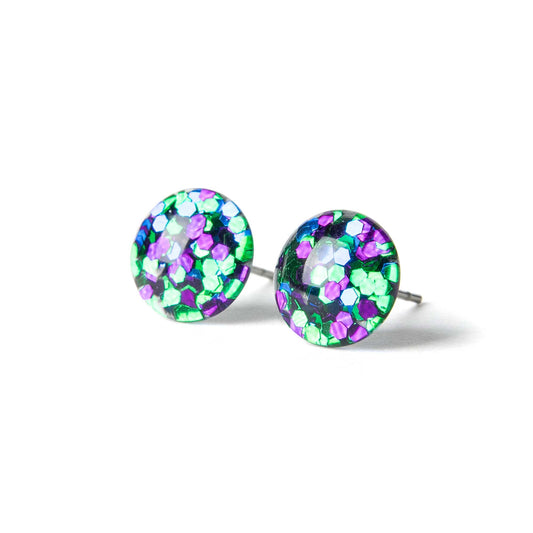 Color Dot Stud Earrings in Blue, Green, and Purple Glitter