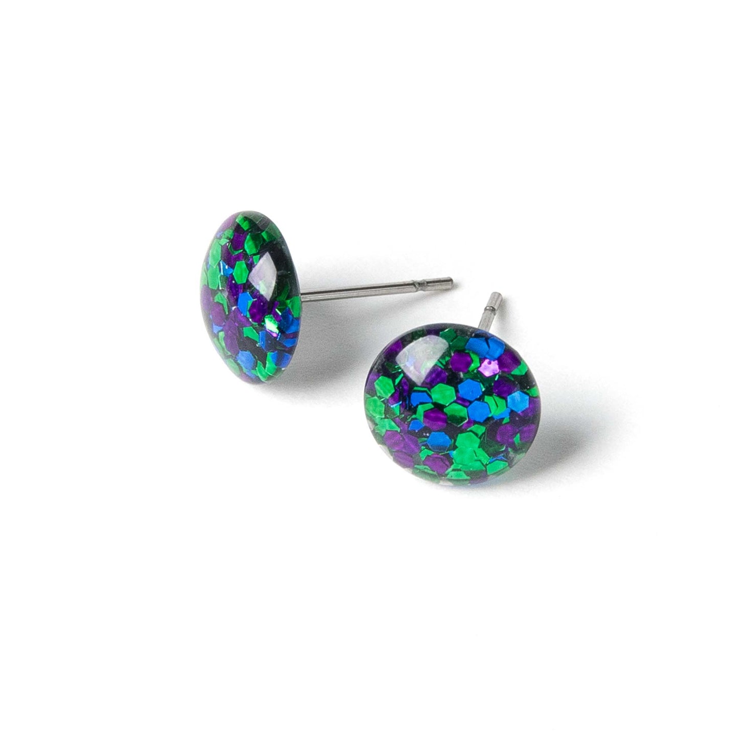 Color Dot Stud Earrings in Blue, Green, and Purple Glitter