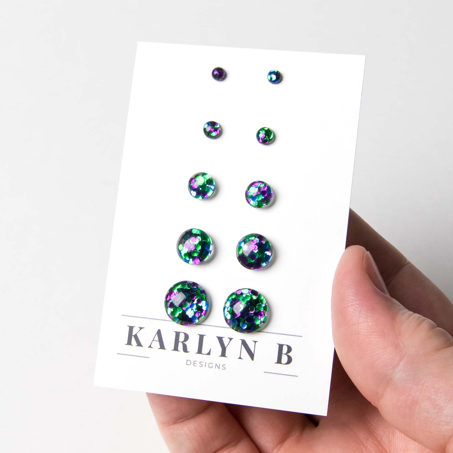 Color Dot Stud Earrings in Blue, Green, and Purple Glitter