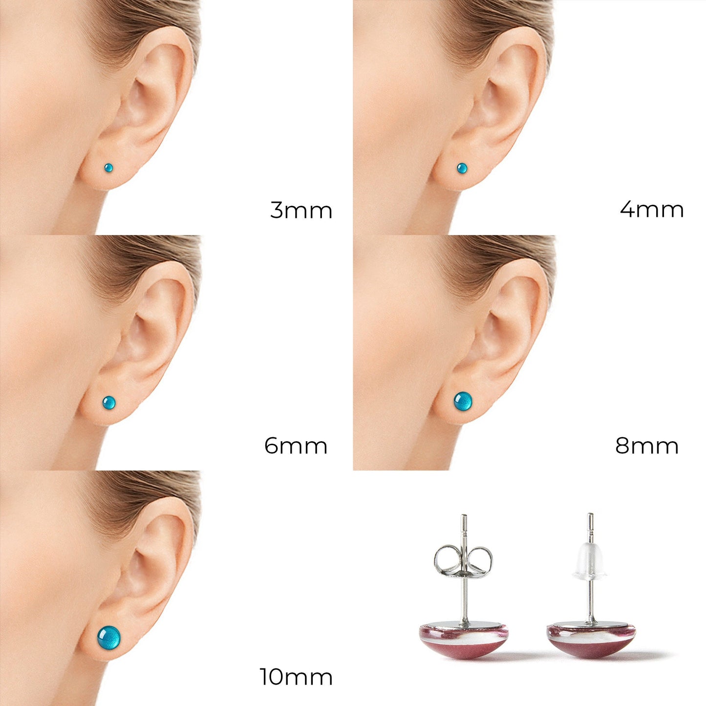 Stud earrings with turquoise blue stones in different sizes: 3mm, 4mm, 6mm, 8mm, and 10mm. The earrings are shown on a model's earlobes. The last image shows the back of the earrings, which are silver with a post and butterfly back.