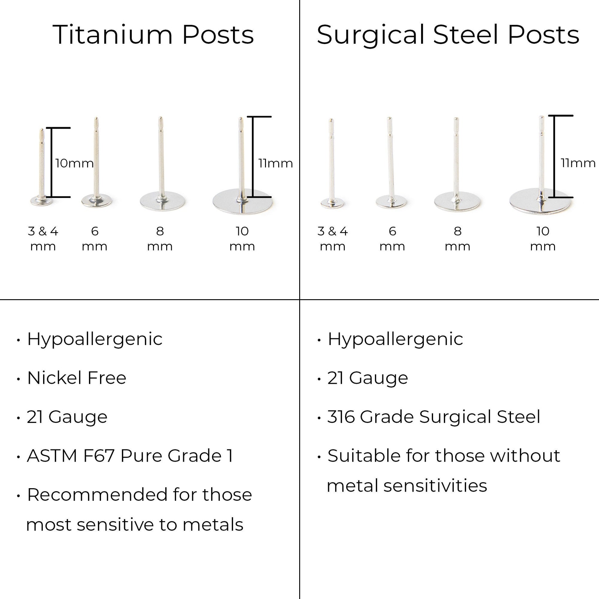 Titanium and surgical steel earring posts in 10mm and 11mm lengths. The titanium posts are hypoallergenic, nickel-free, and made with ASTM F67 Pure Grade 1 titanium. The surgical steel posts are made with 316L stainless steel. Both types of posts are 21 gauge.