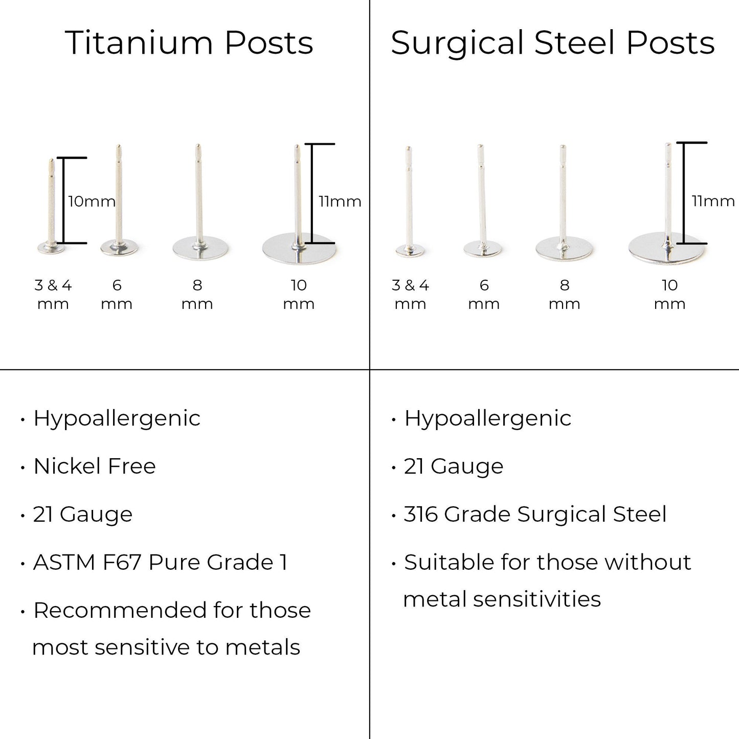 Titanium and surgical steel earring posts in 10mm and 11mm lengths. The titanium posts are hypoallergenic, nickel-free, and made with ASTM F67 Pure Grade 1 titanium. The surgical steel posts are made with 316L stainless steel. Both types of posts are 21 gauge.
