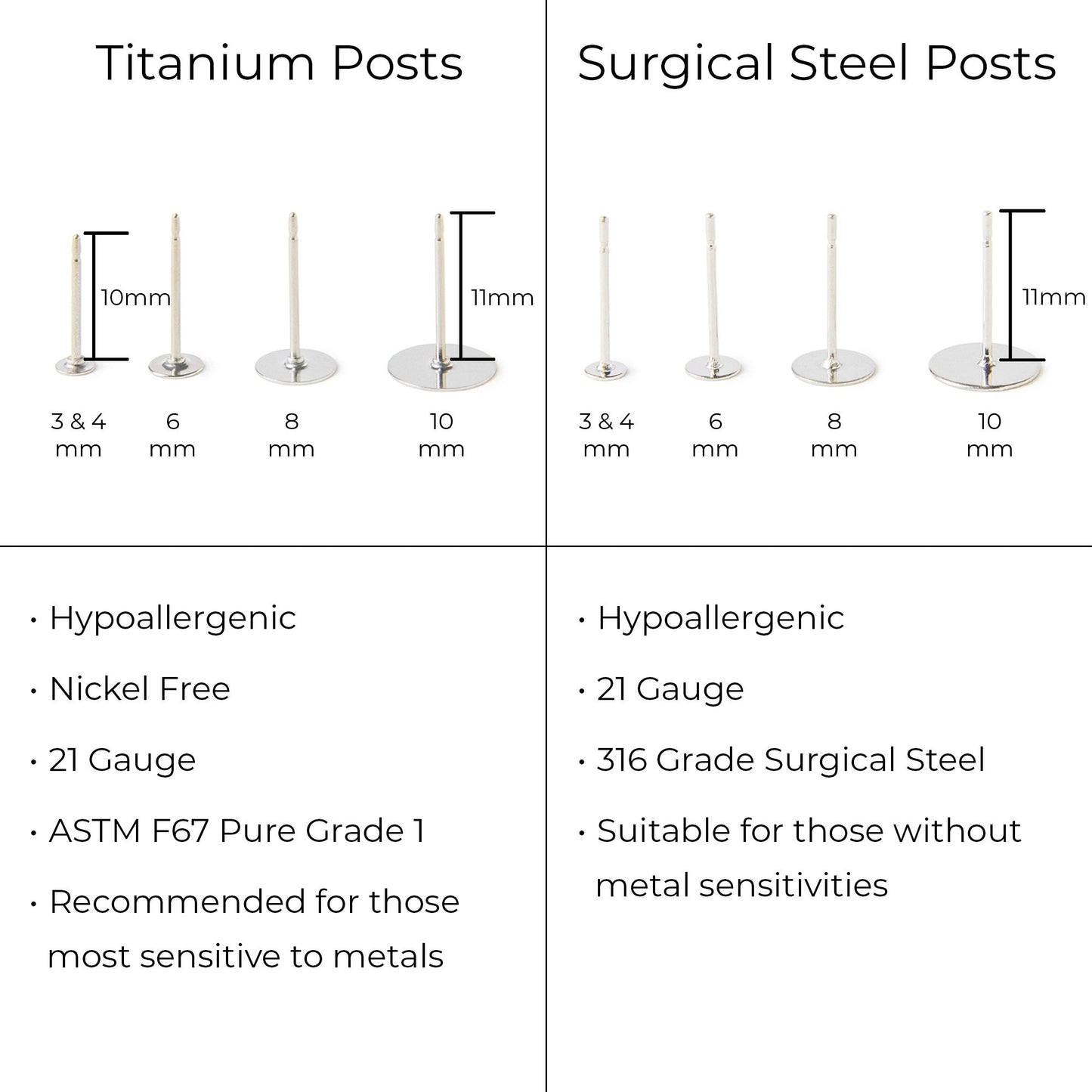 Titanium and surgical steel earring posts in 10mm and 11mm lengths. The titanium posts are hypoallergenic, nickel-free, and made with ASTM F67 Pure Grade 1 titanium. The surgical steel posts are made with 316L stainless steel. Both types of posts are 21 gauge.