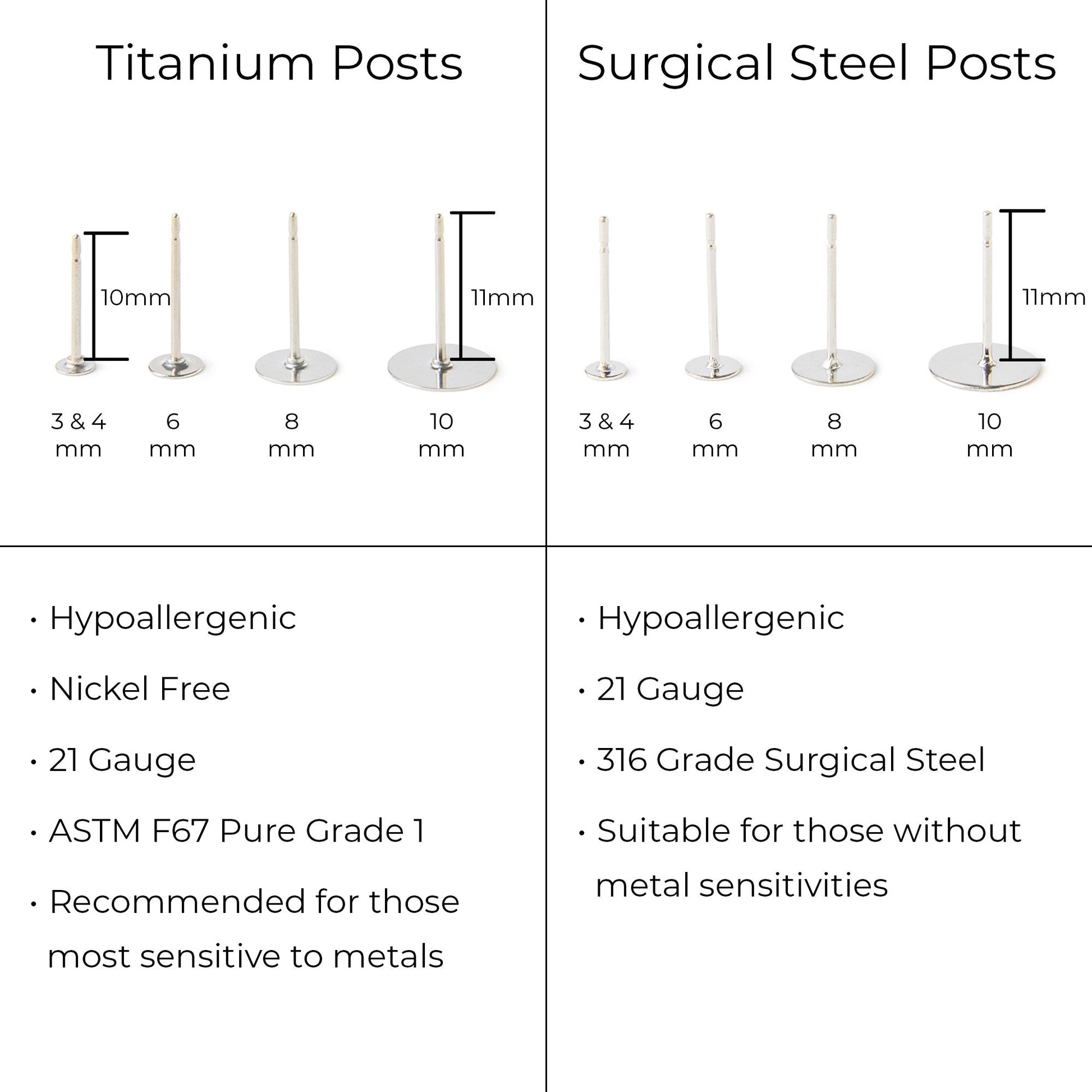 Titanium and surgical steel earring posts in 10mm and 11mm lengths. The titanium posts are hypoallergenic, nickel-free, and made with ASTM F67 Pure Grade 1 titanium. The surgical steel posts are made with 316L stainless steel. Both types of posts are 21 gauge.
