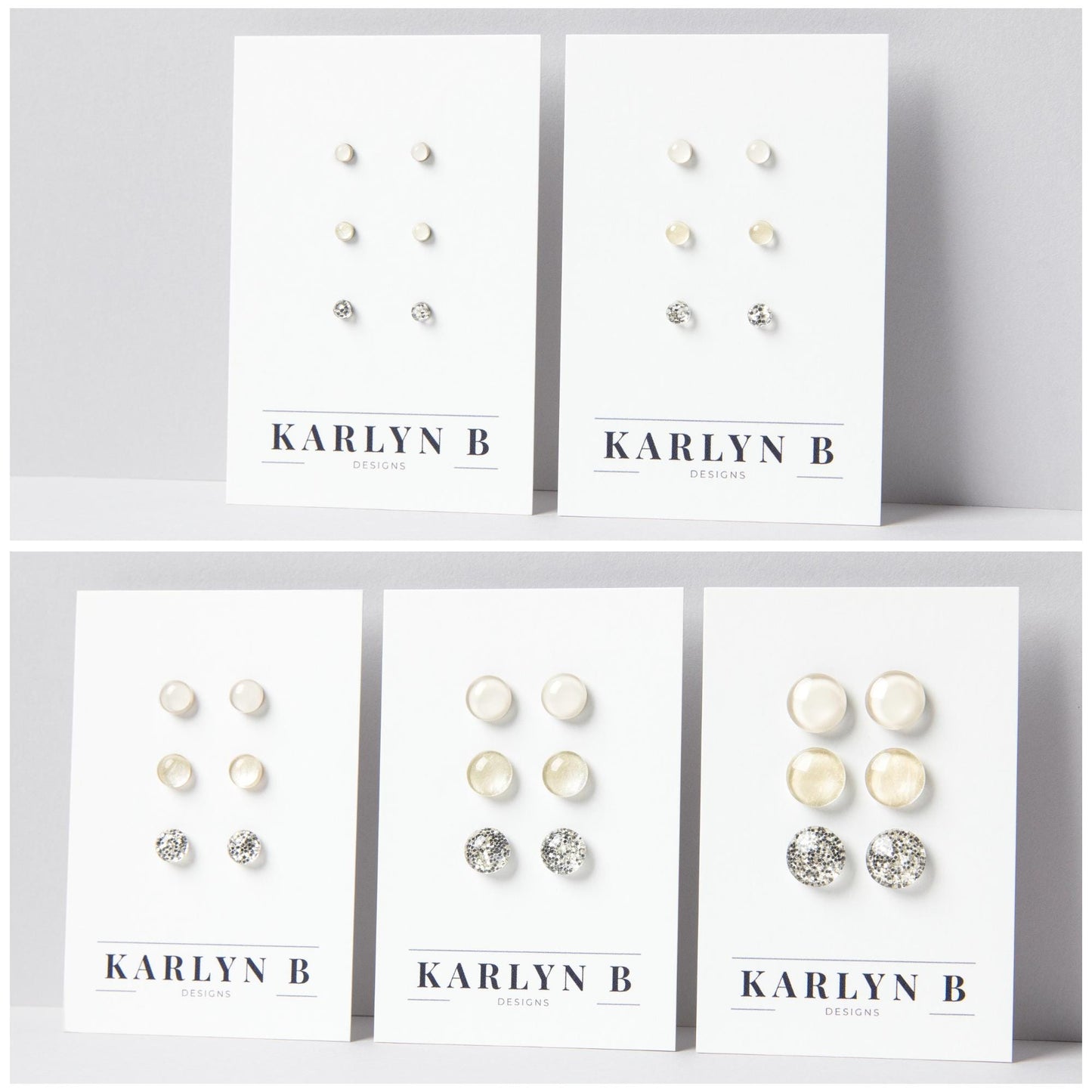 Five sets of stud earrings on white cards with the text "KARLYN B DESIGNS". Each set features three pairs of earrings in different shades of off white and ivory.