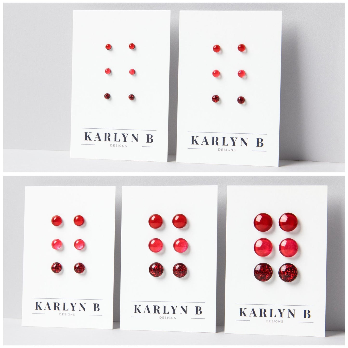 Five sets of stud earrings on white cards with the text "KARLYN B DESIGNS". Each set features three pairs of earrings in different shades of cherry red.