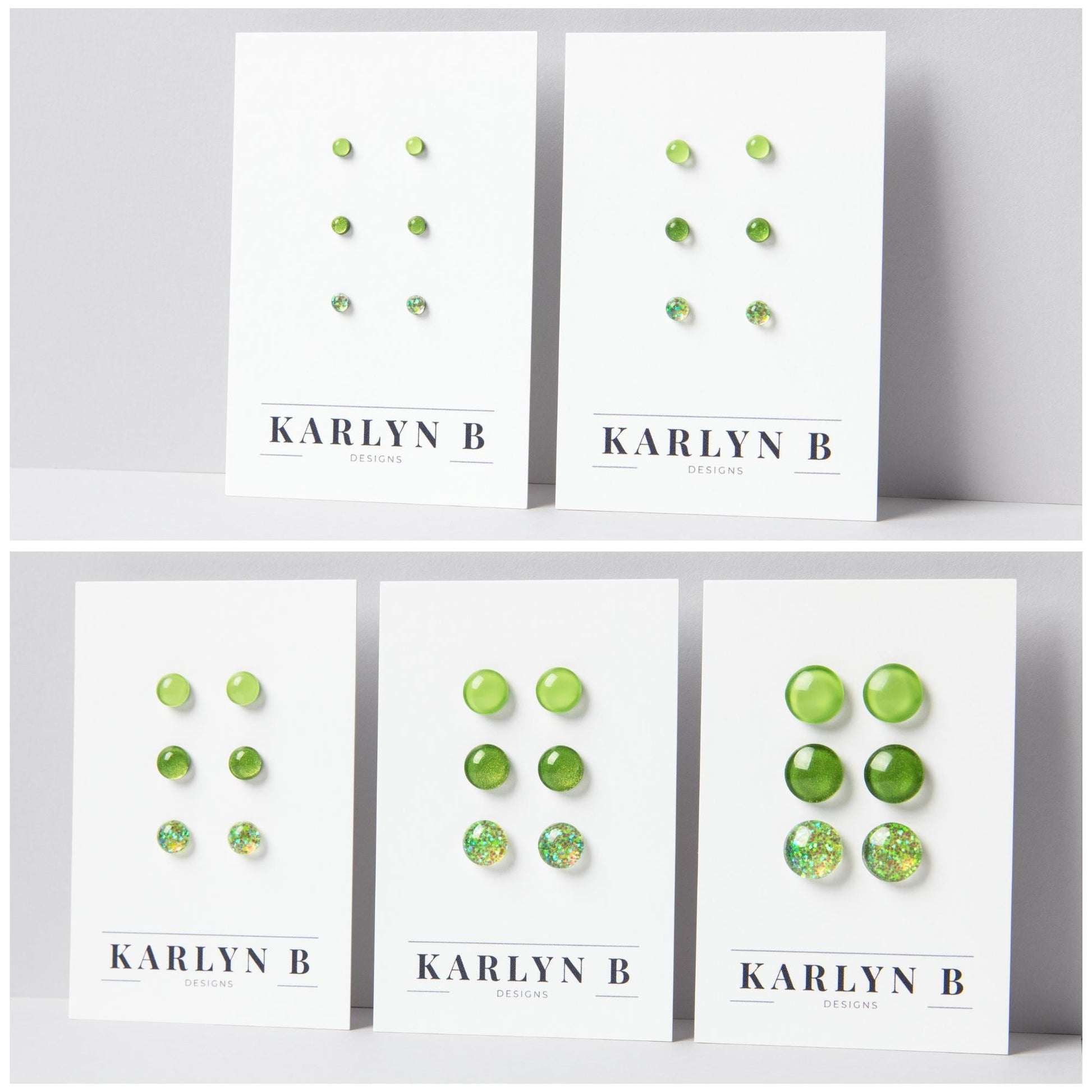 Five sets of stud earrings on white cards with the text "KARLYN B DESIGNS". Each set features three pairs of earrings in different shades of bright green.