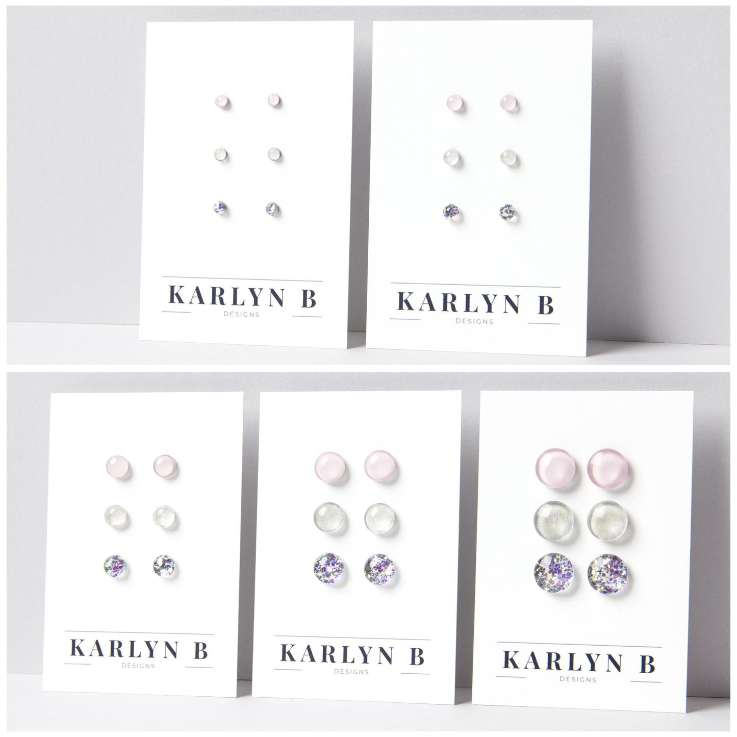 Five sets of stud earrings on white cards with the text "KARLYN B DESIGNS". Each set features three pairs of earrings in different shades of light pink, opal white and opal silver glitter.