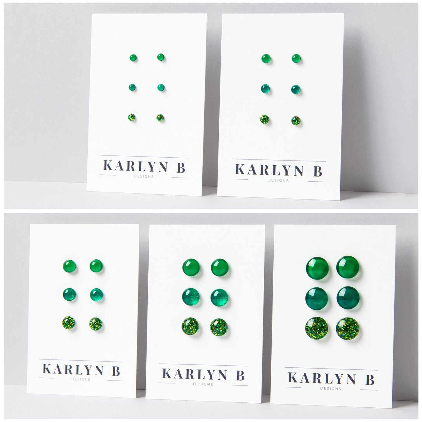 Five sets of stud earrings on white cards with the text "KARLYN B DESIGNS". Each set features three pairs of earrings in different shades of green.