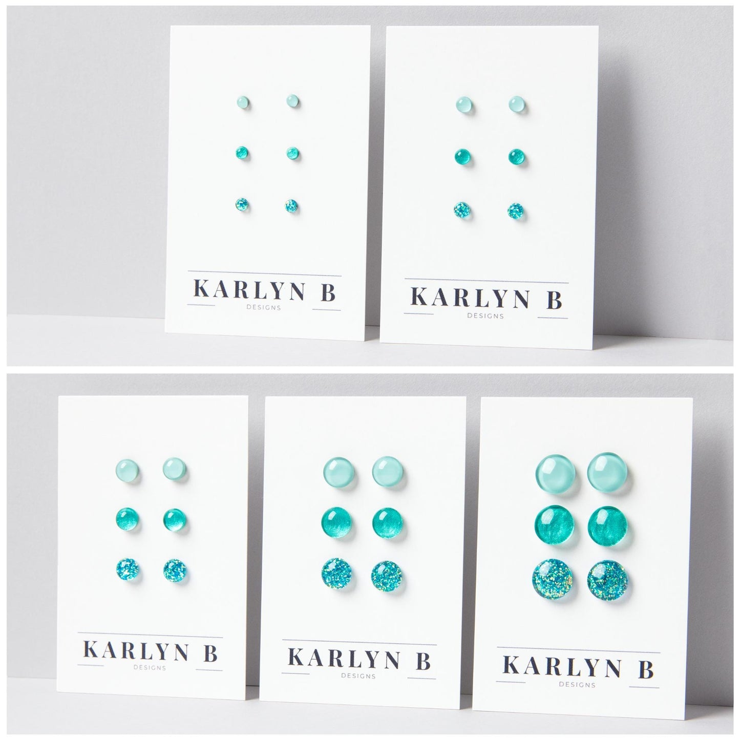 Five sets of stud earrings on white cards with the text "KARLYN B DESIGNS". Each set features three pairs of earrings in different shades of aquamarine.