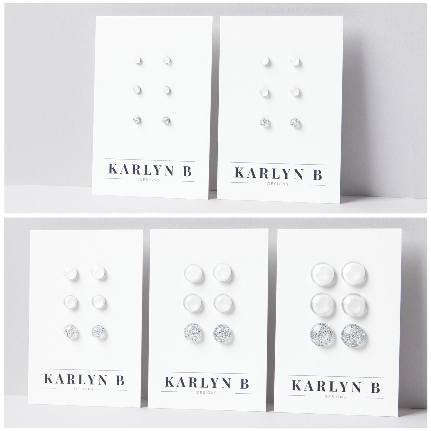 Five sets of stud earrings on white cards with the text "KARLYN B DESIGNS". Each set features three pairs of earrings in different shades of white.