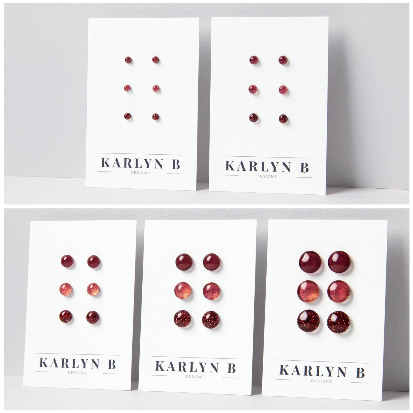 Five sets of stud earrings on white cards with the text "KARLYN B DESIGNS". Each set features three pairs of earrings in different shades of dark red.