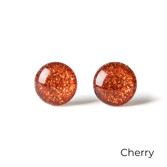 Color Dot Stud Earrings in Red Glitter